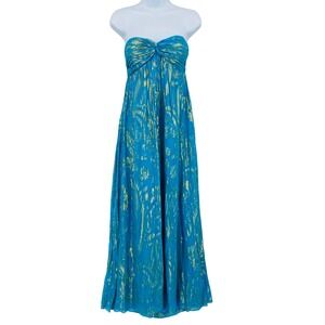 Y2K Aqua Dresses Maxi Gown 8 Blue Gold‎ Metallic Strapless Silk Blend Floral